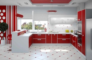 красная кухня с белыми элементами